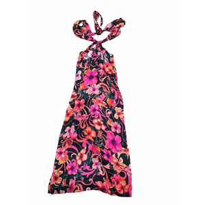 Cin Cin Tropical Hibiscus Maxi Dress XL Viscose Halter Resort Bali
